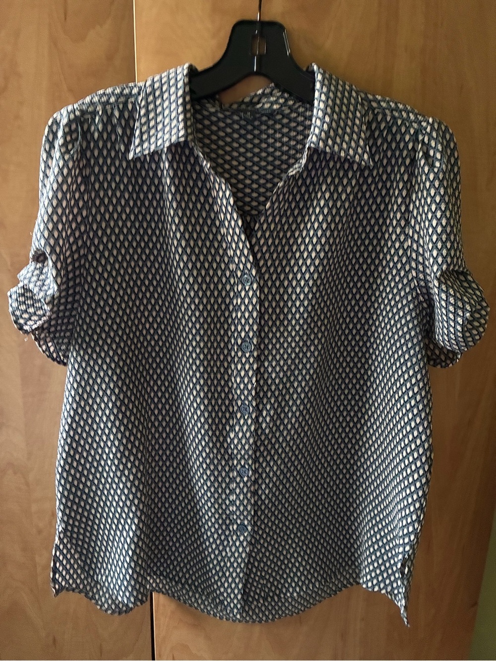 Adrianna Papell Navy and White Patterned Button Blouse